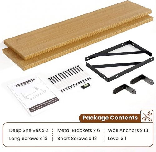 2PK Venusmiles FLOATING SHELVES engineered wood with heavy duty reversible brackets - 48" x 12" - Oak image 2