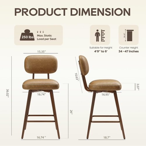 2pk colamy pu leather upholstered swivel bar stool with low back - 26" seat height, 250lbs max - brown - (model: bsm02) image 2