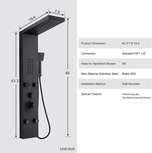 popfly LED rainfall/waterfall shower panel tower system - 48" x 19.6" x 7.8" - black (model: pf9116-b1) image 2