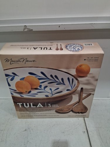3pc Maison Neuve tula Enamelled Mango Wood Salad Bowl and Server utensil set - 17.3" - natural wood/white/blue (model: 1979442) image 2