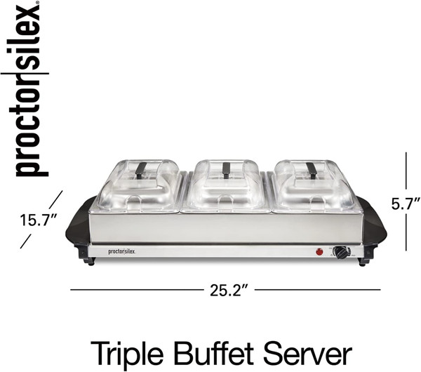 Proctor Silex TRIPLE Buffet Server & Food Warmer - 2.5 Quart - STAINLESS STEEL/BLACK (MODEL: 34300RG) image 6
