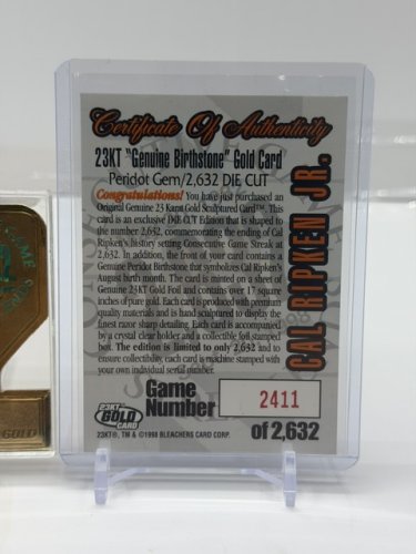 GENUINE BIRTHSTONE 23KT GOLD CAL RIPKEN JR IRONMAN CARD PERIOD OF GEM LIMITED EDITION #2411/2632 image 6