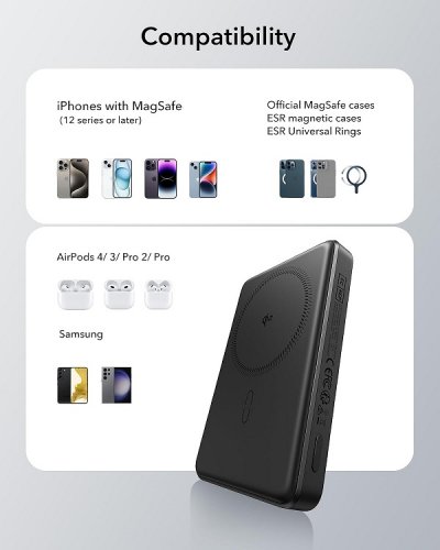 ESR Wireless Magsafe Qi2 Compact Power Bank Portable Charger - 15W - 10,000 MAH - Black (Model: 2G5230202) image 2