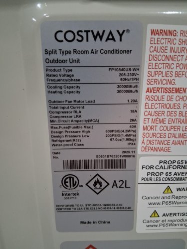 costway split air conditioner system outdoor unit *only* - 30000btu - white - (model: fp10840us-wh) image 9
