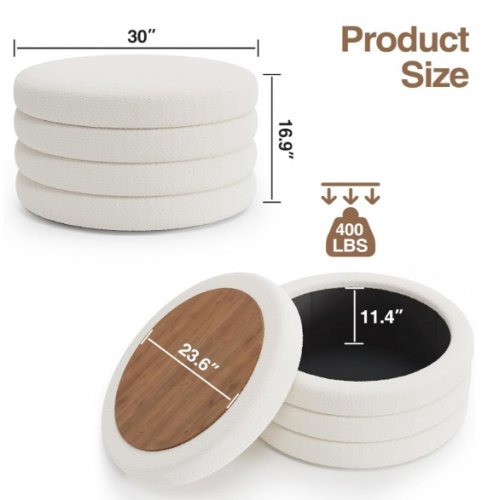 FiveWillowise Round Sherpa Ottoman Coffee Table with Storage - 30" - CREAM WHITE image 2