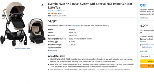 EVENFLO PIVOT NXT TRAVEL SYSTEM WITH LITEMAX NXT INFANT CAR SEAT - 50LBS MAX LATTE BEIGE (MODEL: TS101412572C) image 3