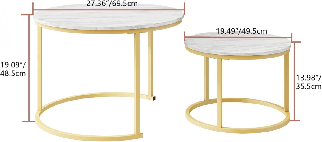 2PC yuda Round modern Nesting Coffee Tables - White Marble/Gold - (model: 807-gd-wh) image 2