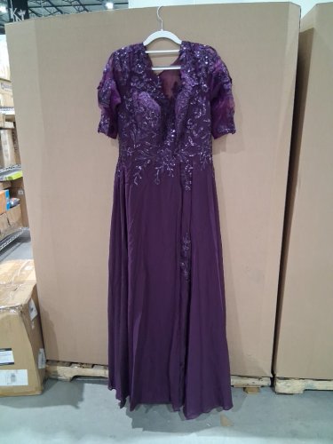 WOMEN'S Tea Length Lace Chiffon 3/4 Sleeves Formal Evening Gown DRESS - SIZE 16 - PURPLE image 2