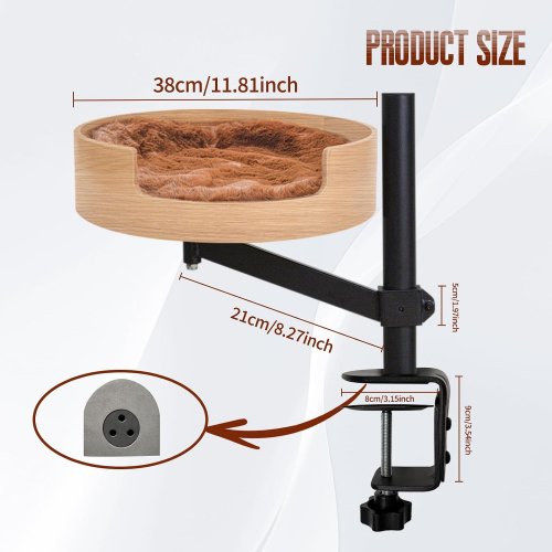 ZBUQ PET NEAR BY ME round wooden CAT BED FOR DESK with faux fur lining - adjustable & rotating - brown/black (model: O8XTH) image 3