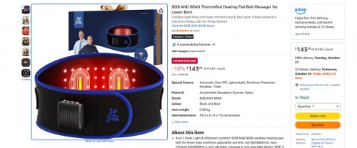 BOB AND BRAD ThermoRed Heating Pad Belt Massager for Lower Back - near infrared heat and red light with 4 heat levels and 4 vibration modes - overheat protection image 2