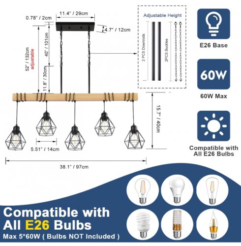 LmnLvn 5-Light Black Dining Room Light Fixture - rustic - e26 Bulbs - 3ft 2" x 5.5" x 4ft 6"-black/wood(model: L8005) image 2