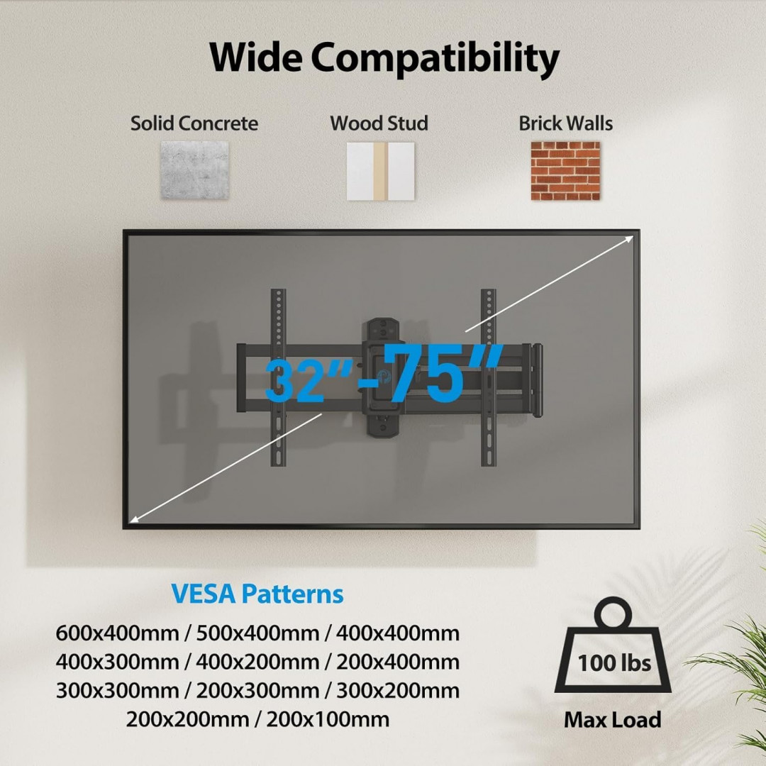 Pipishell Full-Motion Long-Arm TV Wall Mount with swivel & tilt - for 32"-75" TVs - 100lbs capacity - Black (Model: PILF18) image 2
