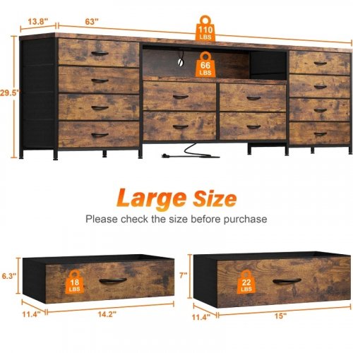 Reibii 12 drawer TV stand dresser WITH power outlets and LED lights - fits 75" TV - ‎29.5" x 14" x 63" - brown/black (model:55scdrp1) image 2