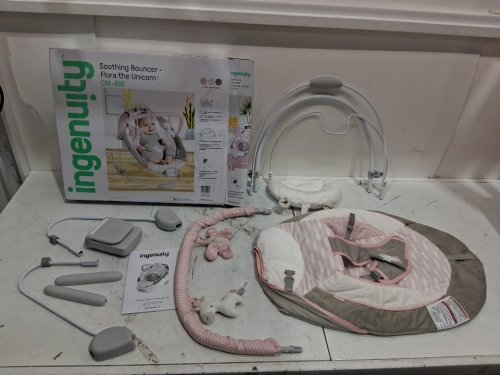 Ingenuity soothing baby bouncer infant seat with vibration toy bar and sound 0-6m - pink flora the unicorn - (model: 12201/o0966) image 2