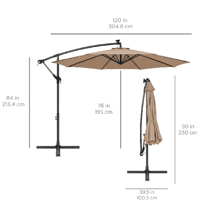COSTWAY HANGING PATIO UMBRELLA WITH SOLAR LED LIGHTS AND CROSSBASE -10FT - TAN (MODEL: NP11556CF) image 2