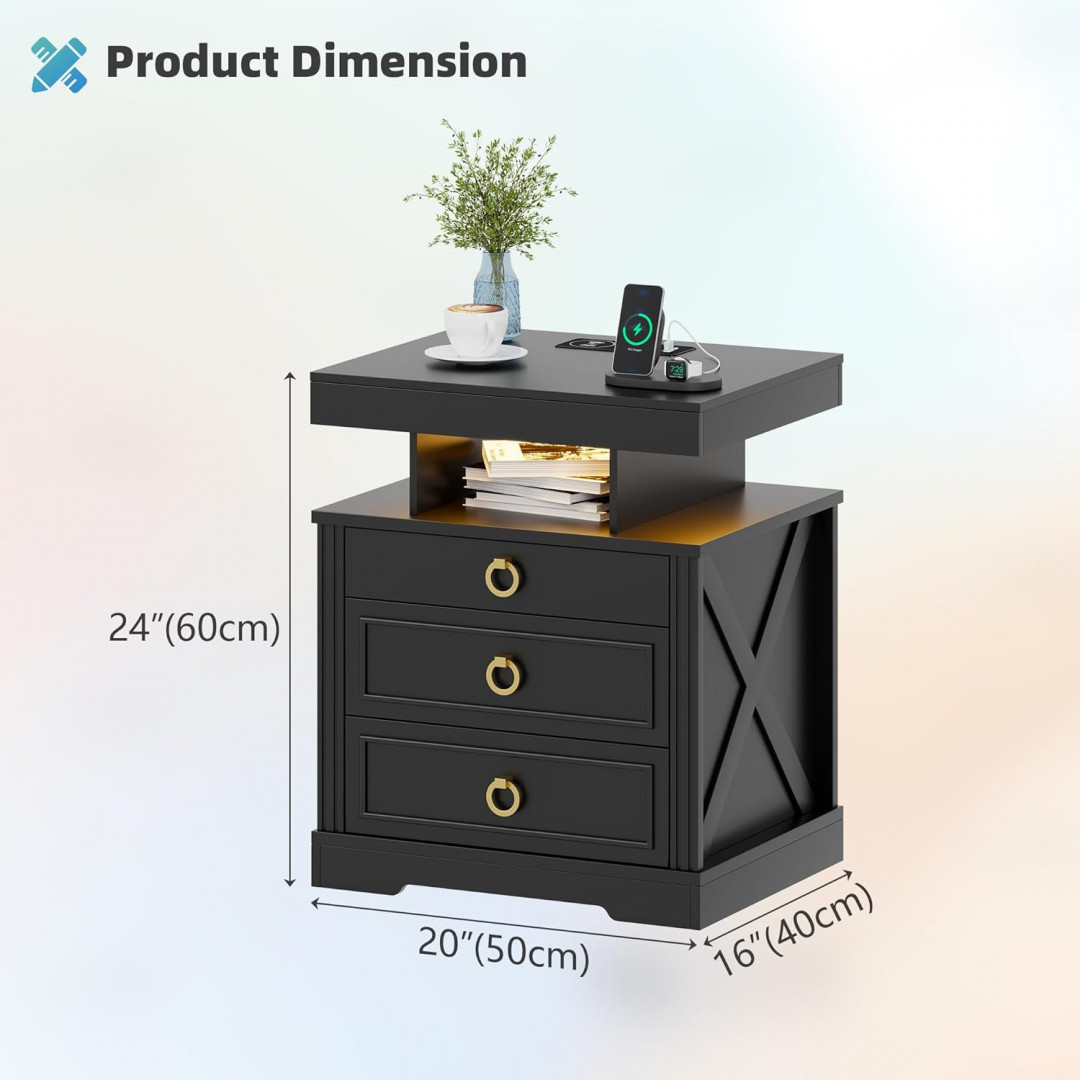 mdgc nightstand side table with lockable gun drawer, charging station, and motion sensing lights - 20" x 16" x 24" - black - (model: yg-91075-40) image 3