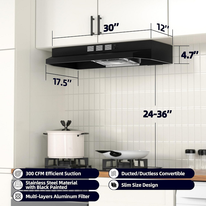 FIREGAS Ducted / Ductless Convertible UNDER CABINET RANGEHOOD - Aluminum - 30" - BLACK (MODEL: FGS-UBF39A575AC) image 2