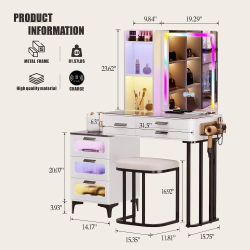 fredees vanity desk with glass top, rgb mirror, & charging station - white/black - (model: 85010-25) image 2