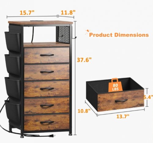 Snhomee Narrow and Tall Nightstand with 5 drawers , Charging Station and LED Lights  - 15.7" x 37.6"x 11.8" - WHITE (model: 55scnt5DWPVC) image 2