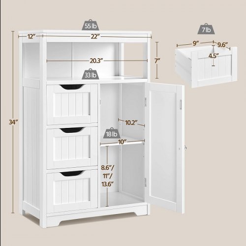 Yaheetech Bathroom Floor Cabinet - 22" x 11.5" x 34.1" - white - (model: 611214) image 2