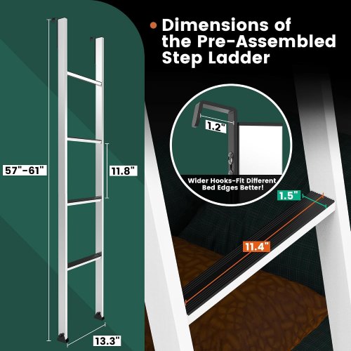 Heavy Duty 4-step Steel Bunk Bed Ladder with anti-slip steps and Hooks - 13.3" x 57" - 350lb max - White image 2