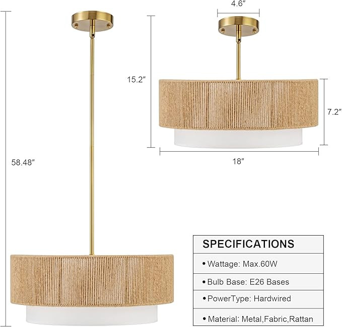 Farmhouse boho Rattan pendant 3-light Chandelier - 18" - brown\gold image 2