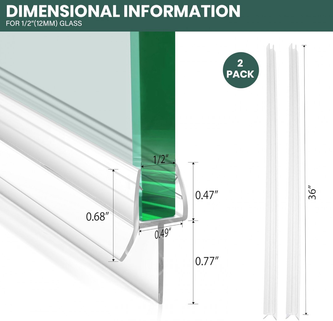 2PK waterproof & durable Bathroom Shower Door Seal Strip - for 1/2" glass - 36" / each - Clear (Model: XJ2-6) image 2