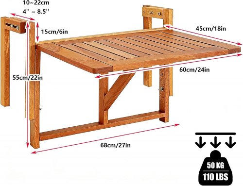 toronto Foldable Collapsible Wooden Balcony Table for outdoor patio - 22" x 27" x 24" - 110lb max capacity - brown/wood (model: 669759) image 2