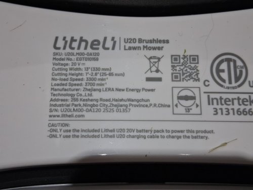litheli u20 cordless brushless lawn mower - 20V - 8gal grass bag - 13" path - white/black (model: egt010159) image 4