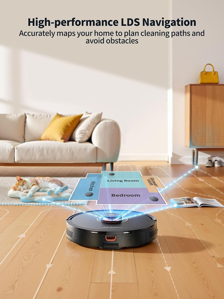 Airzeen Self-Emptying Robot Vacuum - 5000Pa Suction, 150Mins Runtime, App Control - 3.3L - black - (Model: Q10 Pro) image 3