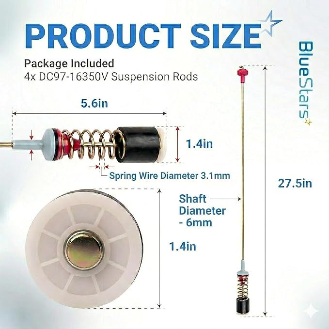 4Pk BLUESTARS washer suspension rods for samsung washing machines - 27.6" (model: dc97-16350v) image 4