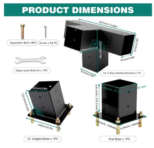 3PC TOPTGO Pergola Brackets Kit 4-Way Slanted Roof Pergola Bracket with Post Base for Wooden Beams - BLACK - image 2