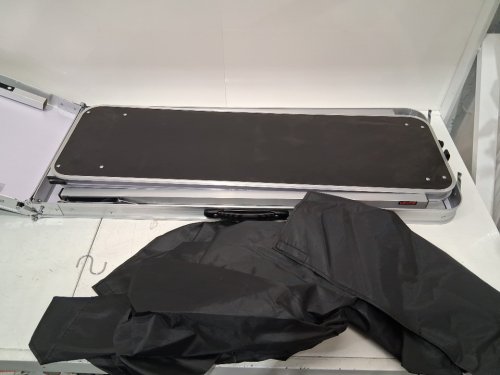vevor folding table for bar/trade shows/home with carry bag velcro fabric shield and shelf - 38" x 34" x 15" - 110lb cap - black/silver - (model: DX9930) image 5