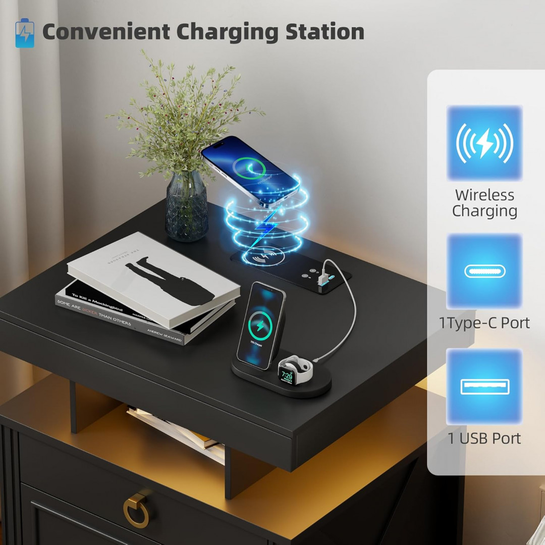 mdgc nightstand side table with lockable gun drawer, charging station, and motion sensing lights - 20" x 16" x 24" - black - (model: yg-91075-40) image 4