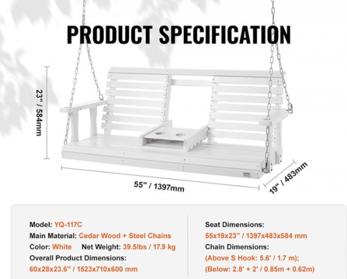 Wooden Weatherproof Patio Porch Swing with Heavy Duty Chains and Folding Cup Holder - 55" x 23" x 19" - 880LB Max - white (Model: YQ-117C) image 2