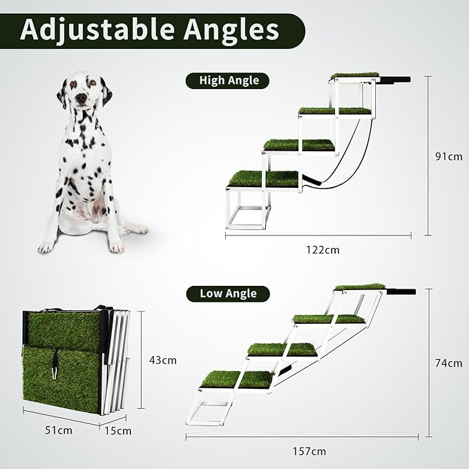 Foldable Dog Car Steps with Non Slip Artificial Grass for large dogs - green/silver image 2