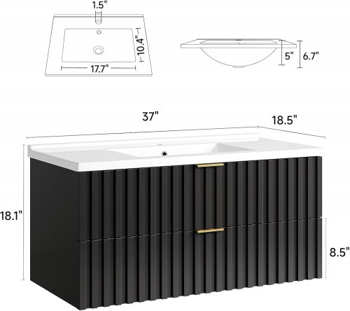 wall mounted bathroom vanity cabinet with 2 drawers *cabinet only* - 36" x 18" x 17" - black - (model: nfn154bk) image 2