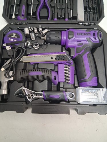 126PC DEKOPRO POWER TOOL COMBO KIT WITH 8 V USB-C RECHARGEABLE CORDLESS DRILL - 3/8FT' KEYLESS CHUCK - PURPLE image 4