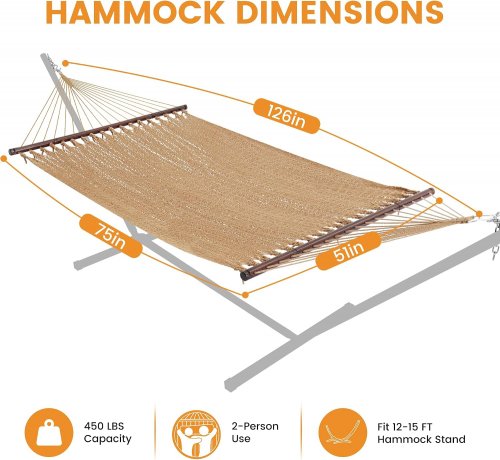 Lazy Daze Hammocks Double Caribbean HAND-WOVEN Rope Hammock with Spreader Bars & Carabiners - 10.5FT / 450LBS CAP - TAN / BEIGE (MODEL: CHAM001Tan) image 2