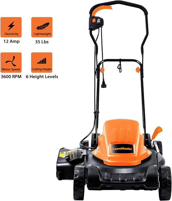 LawnMaster 19" Electric Lawn Mower - 1.5"-4" depth - 12AMP - black/orange (Model: ME1218X) image 2