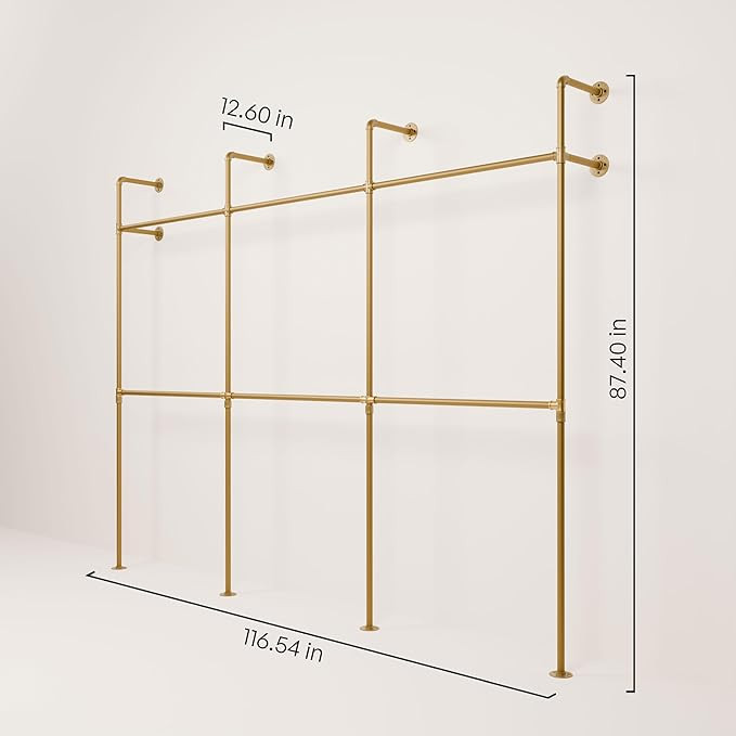 pamo kim iii double gold metal wall mounted industrial pipe clothing rack - 460kg capacity - height: 87.5" - gold (Model:p-01-022) image 2