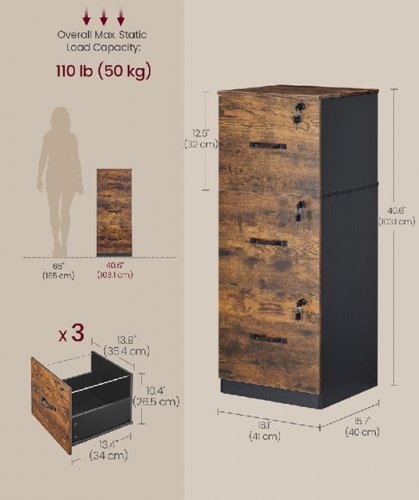 3 Drawer Filing Cabinet with wheels fit letter size documents - brown (model:d10786422) image 2