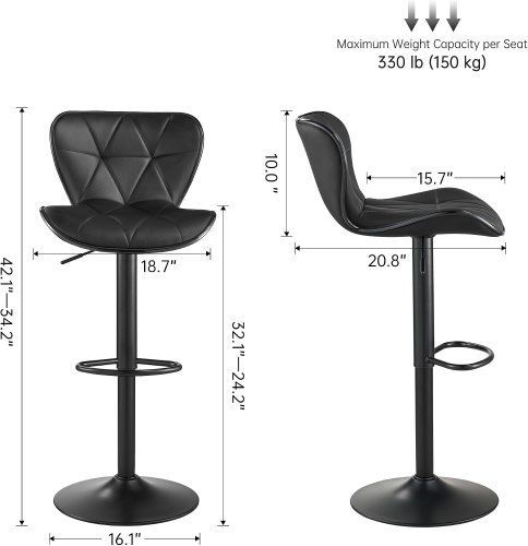 2PK HEIGHT ADJUSTABLE & SWIVEL COUNTER BAR STOOL WITH LEATHER PADDED SEAT & BACK FOOTREST - BLACK (MODEL: BS-19) image 2