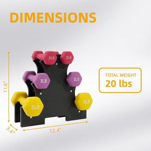 6pc fitvids neoprene colored dumbbell set with rack - 2lbs/3lbs/5lbs - pink/purple/yellow (model: SF-SMDB-D235N) image 2