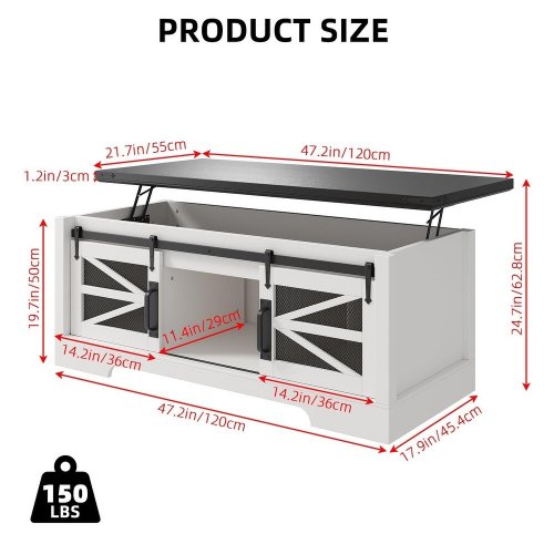 Lift Top Coffee Table With Hidden Storage Compartment - 19.7" x 47.2" x 21.7" - White/Brown image 2