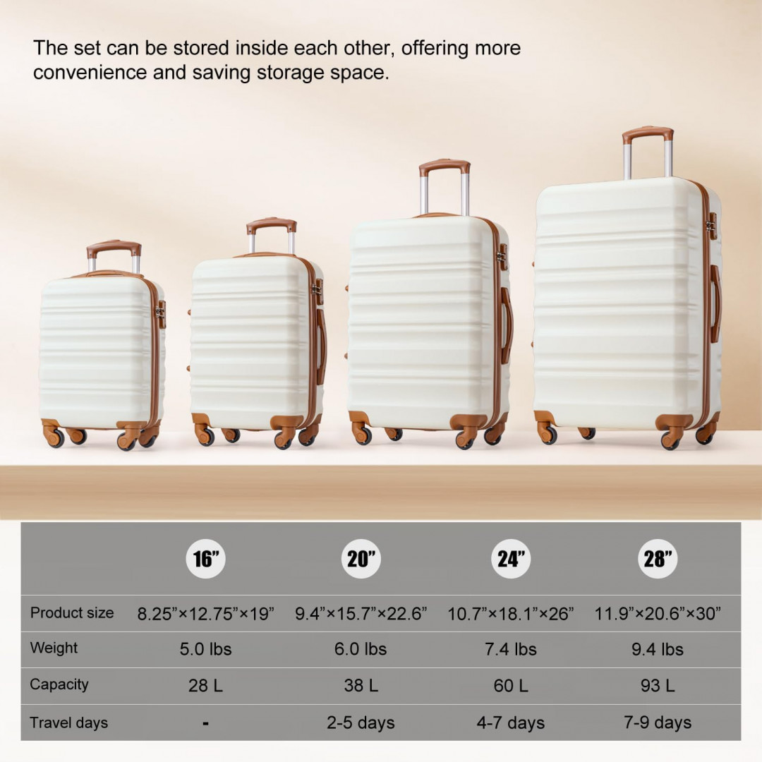 6Pc long vacation hard-side luggage set - white/brown (model: luggage lv402) image 2