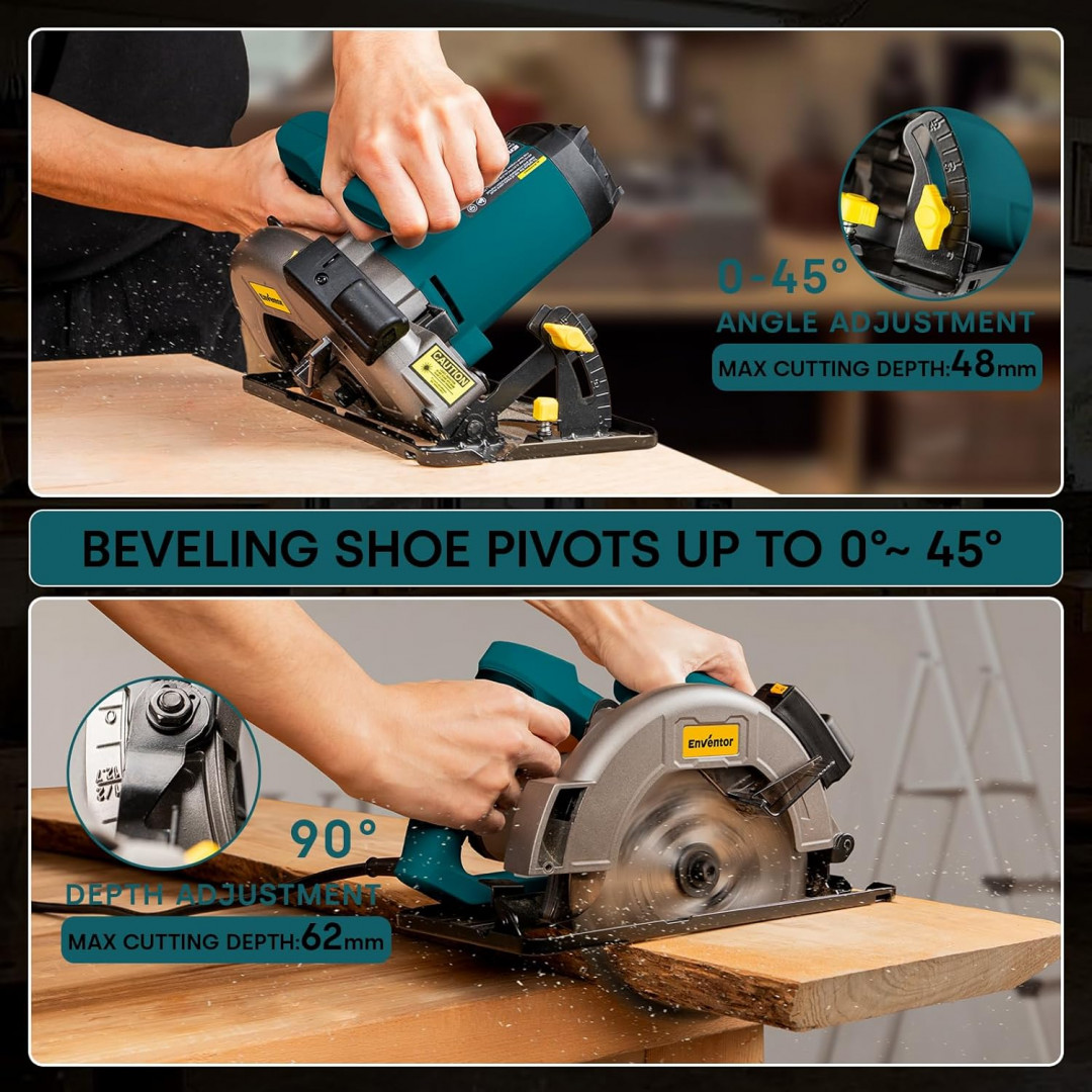 ENVENTOR corded 7-1/4" circular saw with precise laser guide & 2 assorted 185mm blades - 11a, 5800rpm - blue (MODEL: SGCS1400) image 4