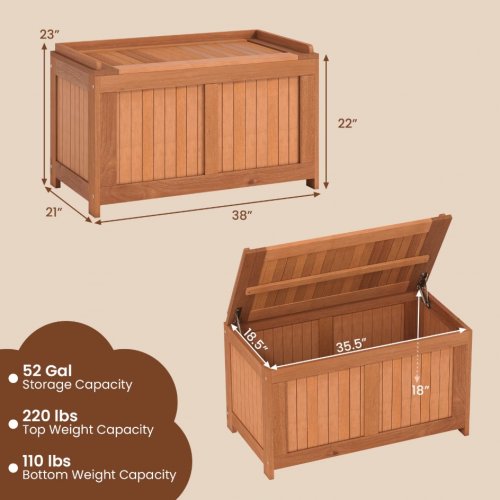 costway wooden outdoor storage bench - 52gal, 38" x 21" x 23" - teak wood - (model: np13345) image 2