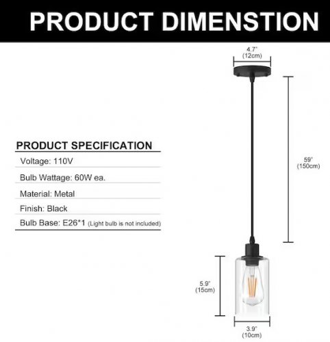 2pk yansun modern Rustic Farmhouse Industrial Hanging pendant lights - 63" x 4" - black (model: w-dz113-2) image 2