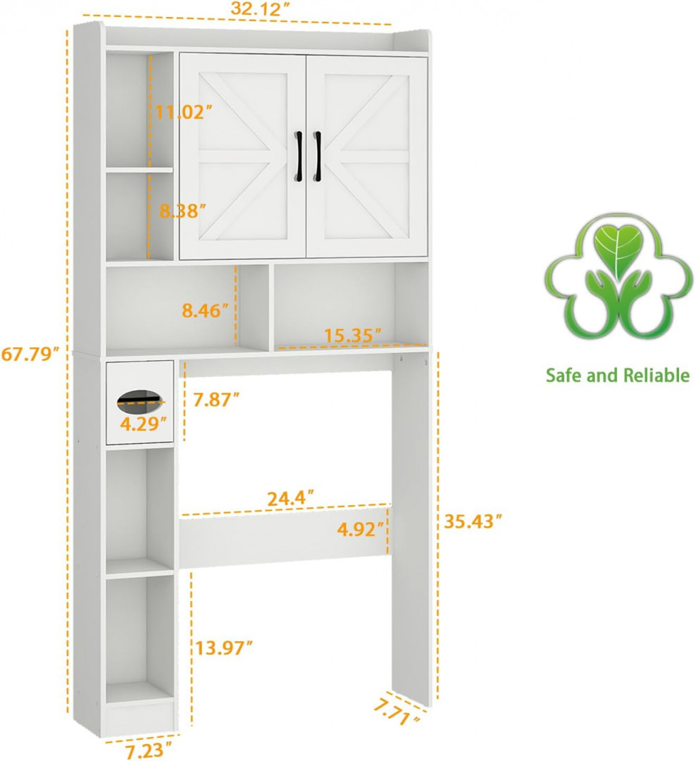bonvache farmhouse style over toilet storage cabinet with doors and toilet paper holder - 32" x 68" x 8" - white - (model: j3m003bs01a) image 2